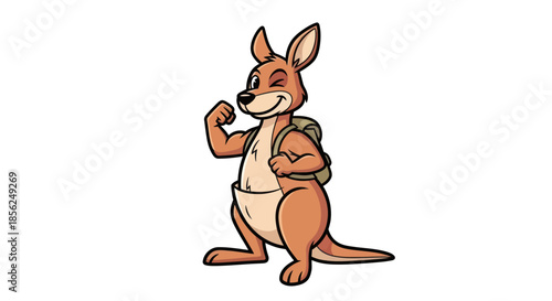 A cartoon kangaroo with a backpack winks and flexes. It is brown and on a white background