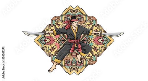 Warrior in a stance, holding swords, adorned with a red sash and headscarf, set against a mandala