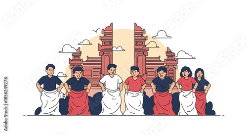 Illustration depicts people playing a sack race in front of traditional architecture