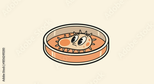 An illustration shows a cartoon microbe in a petri dish, on a cream background