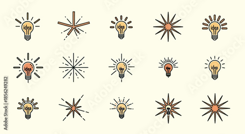 Array of light bulb illustrations with "idea" inside, plus radiant bursts on a neutral background