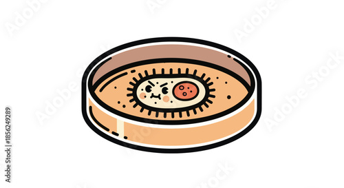 Cartoon of a petri dish with a microbe. The microbe has an angry face and a colorful body