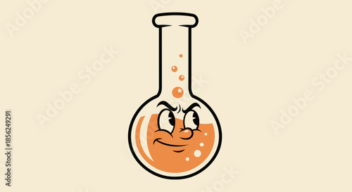 A cartoon laboratory flask with a face, containing orange liquid and bubbles. It has a mischievous look