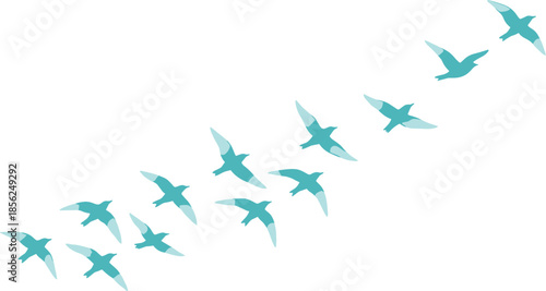 Stylized flock of birds flying in diagonal formation, teal blue wings, migration concept, freedom, teamwork, nature illustration, dynamic motion