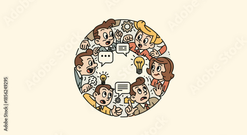 A circular image of cartoon people brainstorming, lightbulbs and speech bubbles
