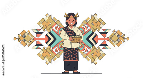 A smiling person in ethnic attire holds a basket, set against an ornamental background