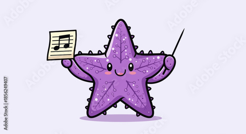 A cute purple starfish, conducting music with a stick and holding sheet music