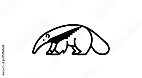 A stylized black and white illustration of an anteater in profile. Bold lines define the animal