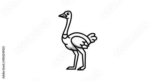 A stylized, outline illustration of an ostrich standing, facing left. Rendered in black on white