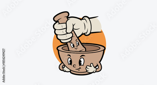 Cartoon-style illustration mortar and pestle with faces, being used in front of orange circle