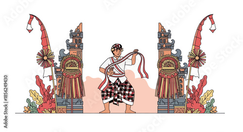 An illustration of a Balinese dancer amidst traditional structures and decorations