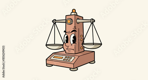 An anthropomorphic scale with a stern expression. It has arms holding pans. It is digital