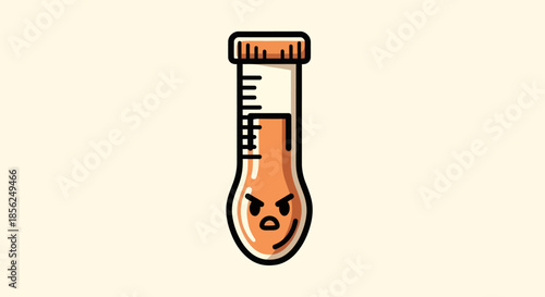 Cartoon test tube with an angry face, filled with orange liquid. Bold outlines