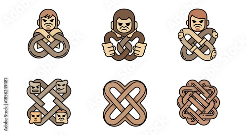 Stylized illustrations of angry figures/faces interlocked with or holding knot patterns. Various designs