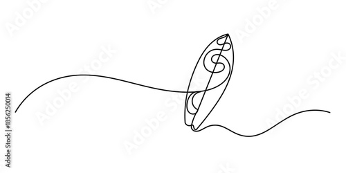 Single one line drawing Surfboard, surfer. surfboard continuous one line drawing, Continuous one line drawing of surfing longboard design. Surfboard in single line draw illustration.