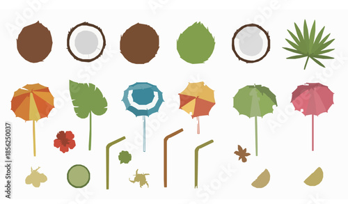 Coconut and tropical cocktail elements hand drawn flat vector illustration set