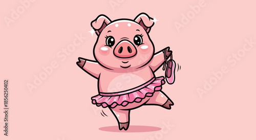 A cute, cartoon pig in a tutu and ballet shoes dances on one leg