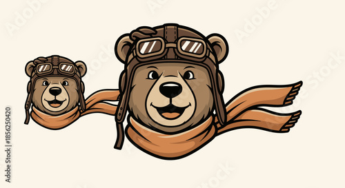 Two cartoon bears wearing aviator gear and scarves, smiling. One smaller bear to the left