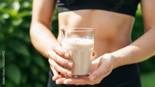 Fit woman holds a glass of creamy nutritional protein shake after intense outdoor exercise session