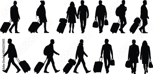 Travelers silhouettes with luggage set, people walking at airport and city commute, tourism and business travel concept, black vector illustration