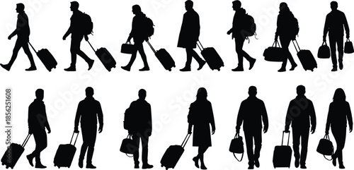 Travelers walking silhouette collection illustration, business and leisure people with luggage, airport journey and tourism concept, black vector icons, isolated minimalist design