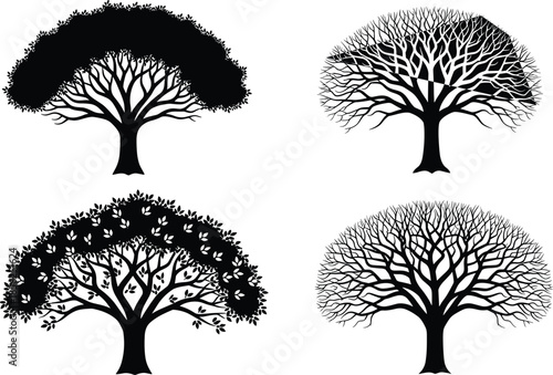 Tree silhouettes collection with seasonal canopies and bare branches, detailed nature vector illustration, black isolated trees set for landscape, ecology, and design use