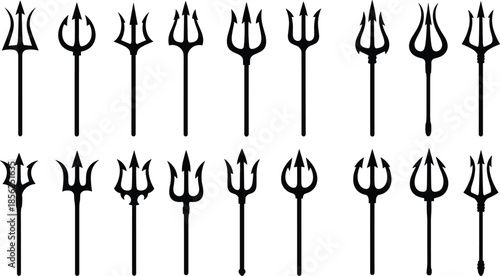 Trident silhouettes vector illustration set, ancient mythological spear weapons collection, fantasy symbols for gods, warriors and religious design elements, black isolated on white background