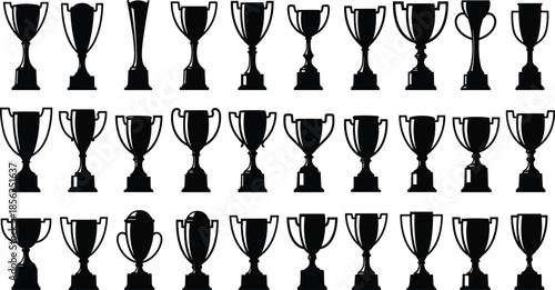 Trophy cup silhouettes collection, award trophies and winners cups set, championship prize vector illustration, sports achievement success icons isolated on white background