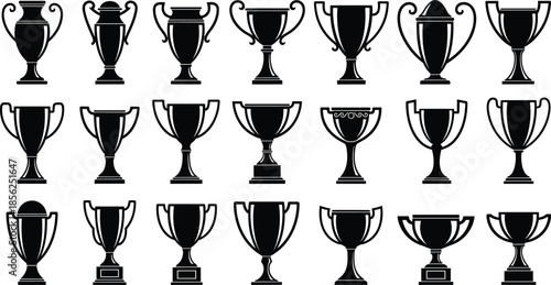 Trophy cup silhouettes vector illustration set, award and championship prize collection, sports competition winners symbols, black elegant trophies isolated on white background