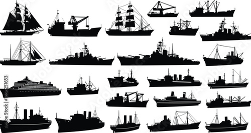 Various ship silhouettes vector collection, maritime vessel profiles illustration set, naval transport, cargo ships, warships, sailing boats, cruise liners, black silhouettes