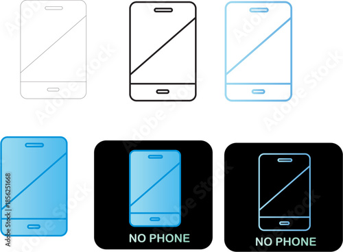 Minimalist vector icon set showcasing 'no phone' and 'silent mode' symbols on smartphones, ideal for user interfaces, warning messages, and digital etiquette applications