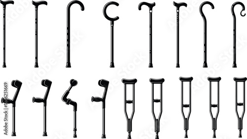 Walking cane and crutch silhouettes set, medical mobility aids collection, elderly support and rehabilitation equipment icons, black vector illustration for healthcare design