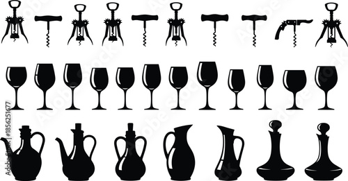 Wine accessories vector illustration set, corkscrews, wine glasses, decanters and bottles silhouettes, bar and kitchen tools collection, isolated on white