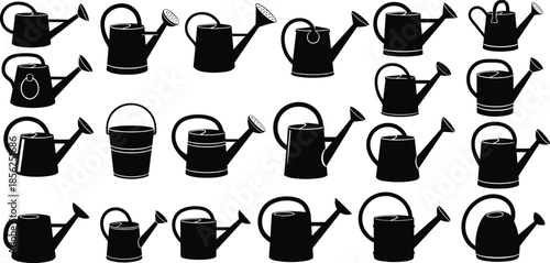 Watering can silhouettes vector collection, garden irrigation tools, plant care equipment icons, black gardening illustration set isolated on white background