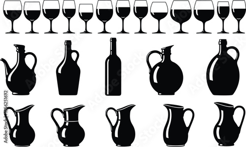 Wine glasses and bottles silhouettes vector set, bar drinkware and glassware collection, decanters and pitchers icons, black isolated designs on white background