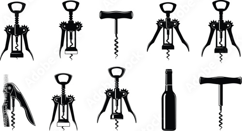Wine corkscrew opener silhouettes set, manual bottle opener tools collection, black vector illustration, bar kitchen accessories, isolated on white background