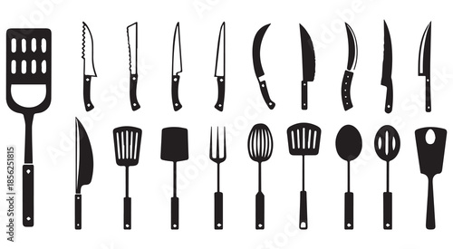 Kitchen Utensil & Knife Icons: Spatula, Whisk, Fork, Spoon .