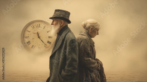 Old couple with the ticking clock at the background. Life end and time passing. Elderly man and woman at the end of their lifepath. Love, devotion and faithfulness concept