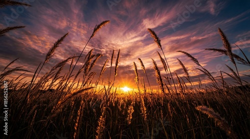Low angle view of tall grass silhouettes against dramatic purple sunset sky.