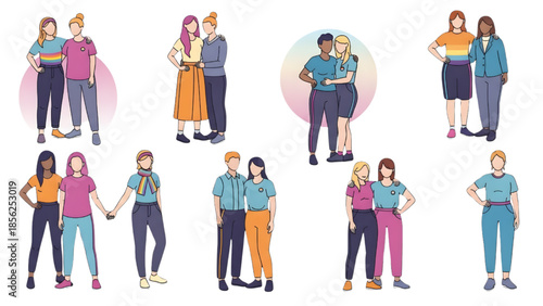 LGBTQ+ Pride Community Vector Illustration Set of Diverse Couples and Friends in Flat Line Art Style