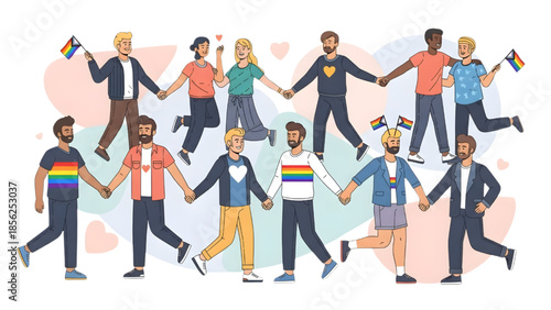 LGBTQ Pride Community Illustration with Diverse People Holding Hands and Celebrating Equality and Love