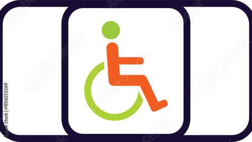 Accessibility icon, wheelchair symbol, inclusive design, disability support, mobility aid, universal signage, healthcare, public access, vector illustration, green orange graphic