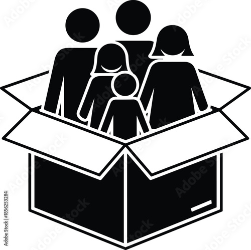 Family in box, shelter icon, relocation symbol, child protection, homelessness concept, inclusive design, vector graphic, aid, unity, black white illustration
