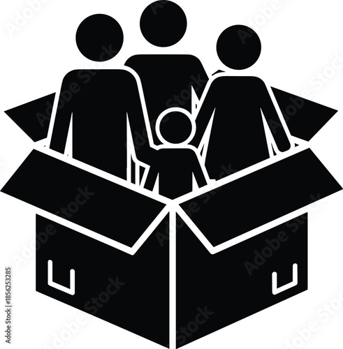 Family shelter icon, cardboard box, homelessness symbol, social support, child protection, vector illustration, aid concept, black white graphic, inclusive design