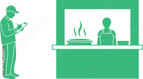 Food safety inspection, hygiene check, kitchen staff, culinary standards, health regulation, green white illustration, vector graphic, restaurant audit, apron, clipboard