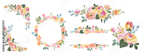 Pink and Orange Watercolor Floral Bouquet and Frame Set