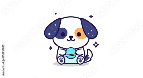 A cartoon dog with heterochromia sitting with a robotic leg surrounded by sparkles