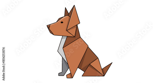 An origami dog sitting calmly on a white background, viewed from the side