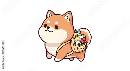 A cartoon dog with a food item attached to its back is running in a simple white environment viewed from the side.