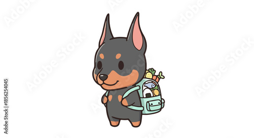 Cartoon dog character holding a bag with various items inside standing in a plain background